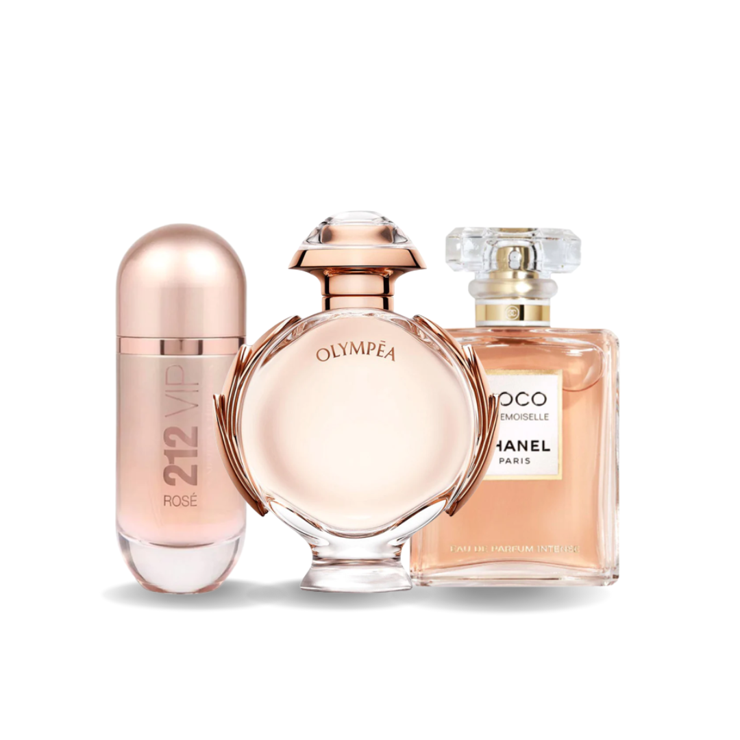 Combo de 3 Perfumes Carolina Herrera 212 VIP ROSÉ,  Paco Rabanne OLYMPÉA e Chanel COCO MADEMOISELLE